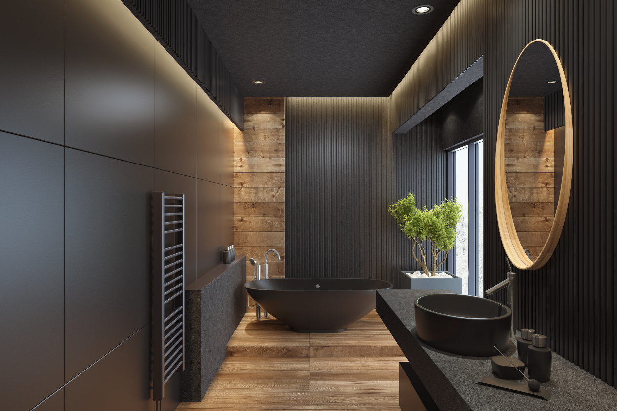 Luxuriöses Badezimmer in schwarz  mit freistehenden Waschtisch und stimmungsvoller LED-Beleuchtung – Professionelle Badrenovierung durch die Markus Otte GmbH. Nachhaltige Lösungen und energieeffiziente Technik machen Ihr Bad zukunftssicher.